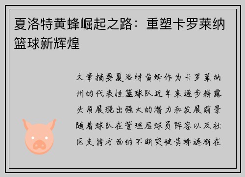 夏洛特黄蜂崛起之路：重塑卡罗莱纳篮球新辉煌